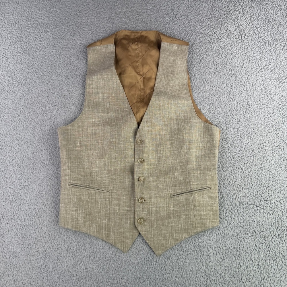 Yves Saint Laurent Suit Vest Mens M Tan Linen Blend Logo Lining 9646